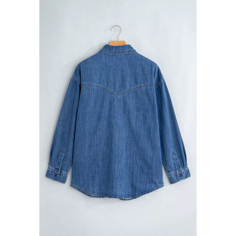 Western Patch Pockets Tunic Length Long Sleeve Denim Shirt Apparel and Accessories
