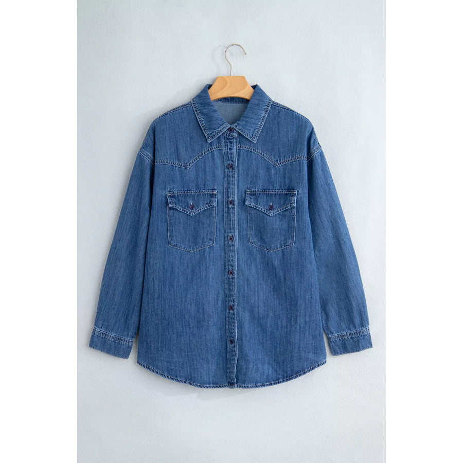Western Patch Pockets Tunic Length Long Sleeve Denim Shirt Apparel and Accessories
