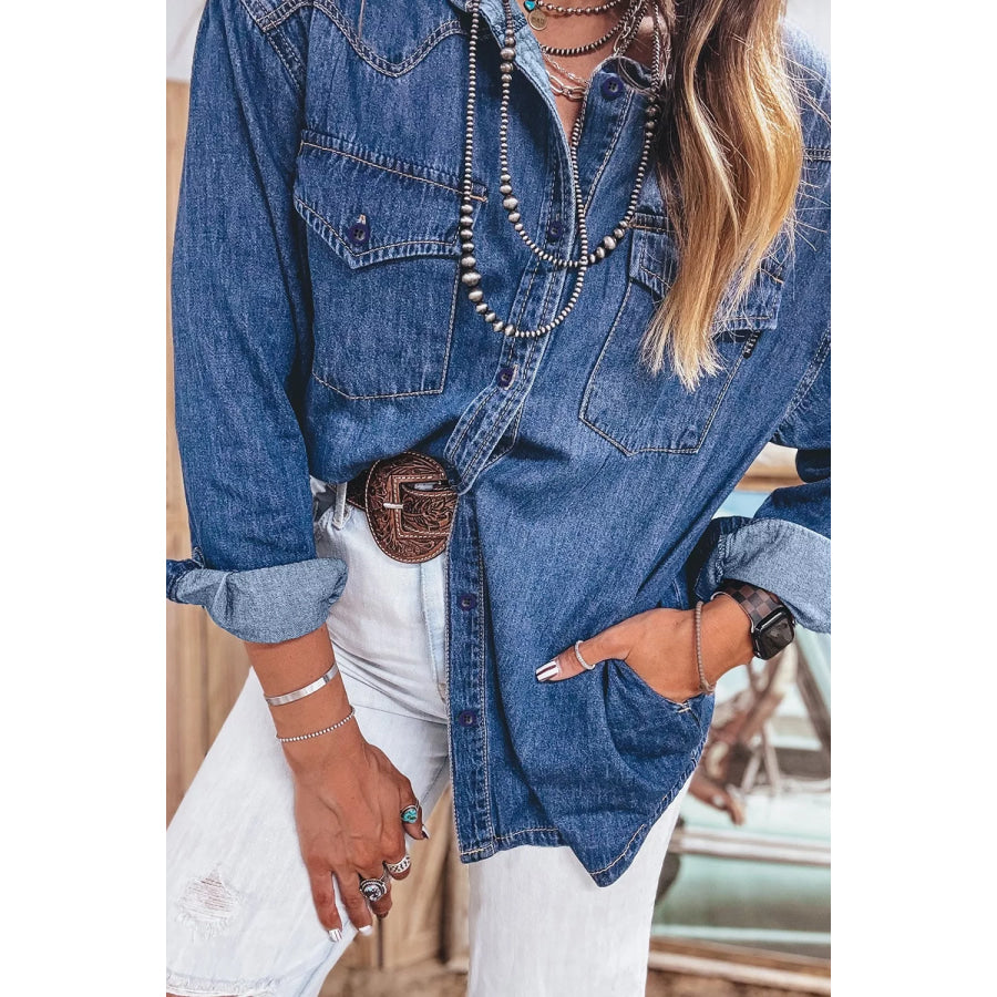 Western Patch Pockets Tunic Length Long Sleeve Denim Shirt Apparel and Accessories