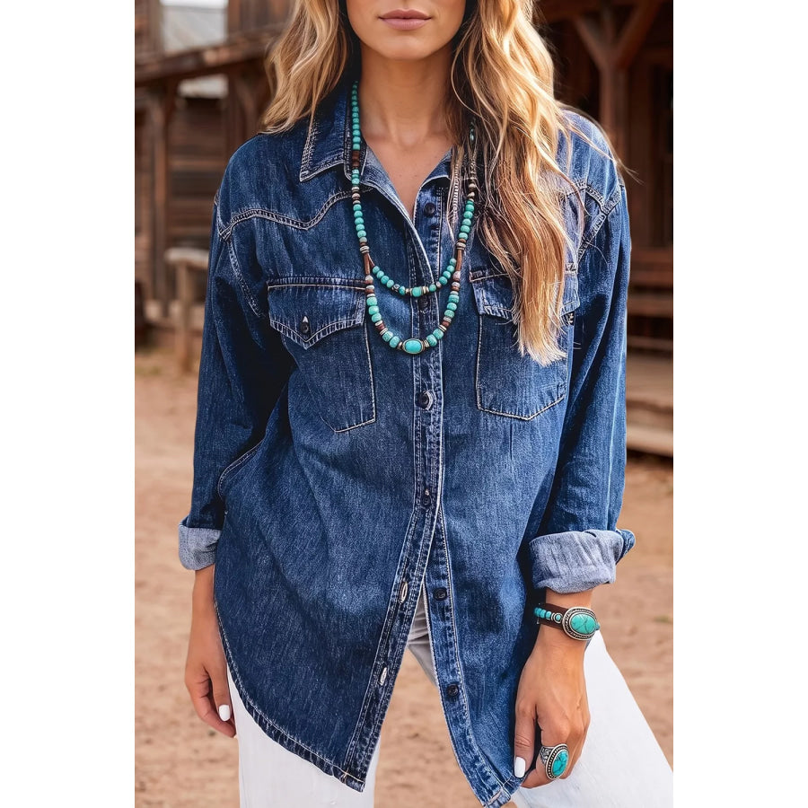 Western Patch Pockets Tunic Length Long Sleeve Denim Shirt Dusty Blue / S Apparel and Accessories