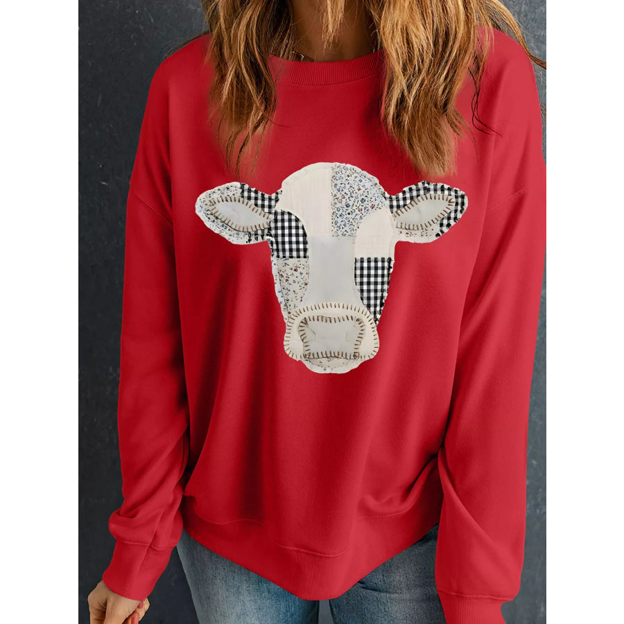 Western Patchwork Cow Drop Shoulder Sweatshirt Apparel and Accessories