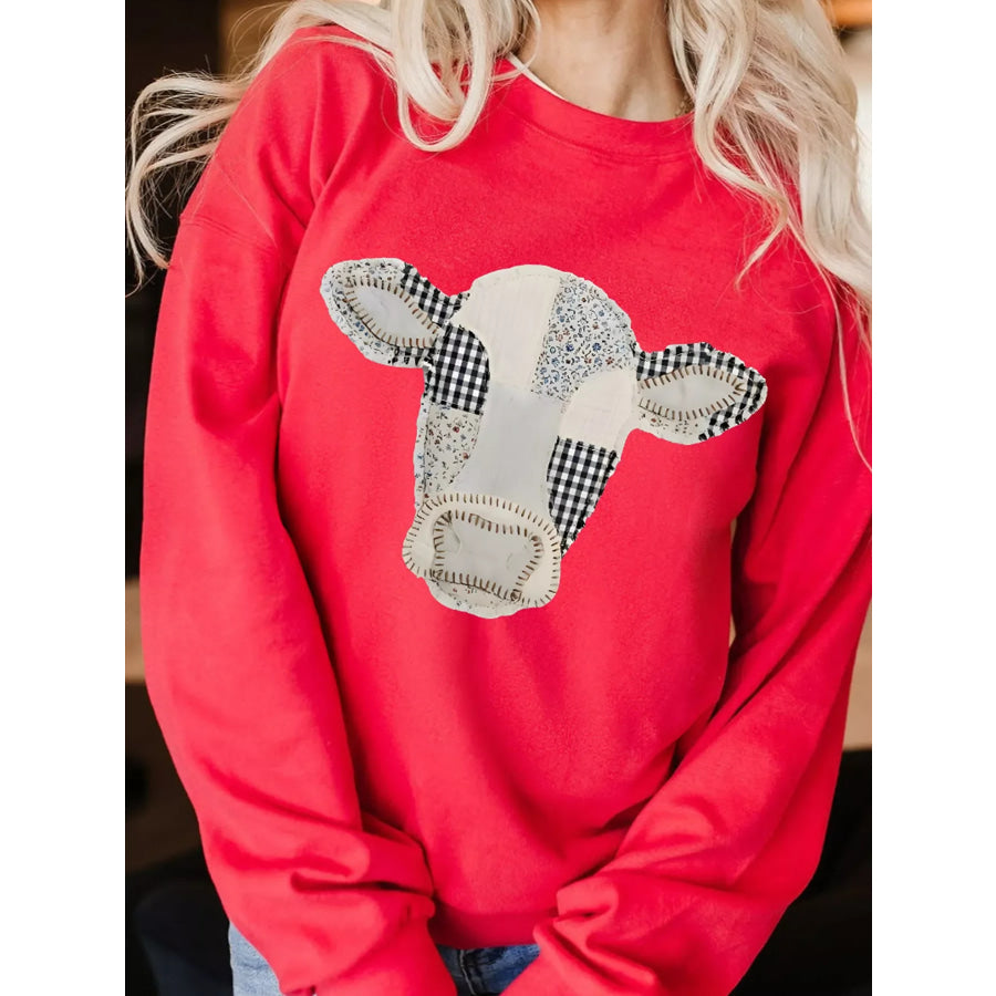 Western Patchwork Cow Drop Shoulder Sweatshirt Deep Red / S Apparel and Accessories