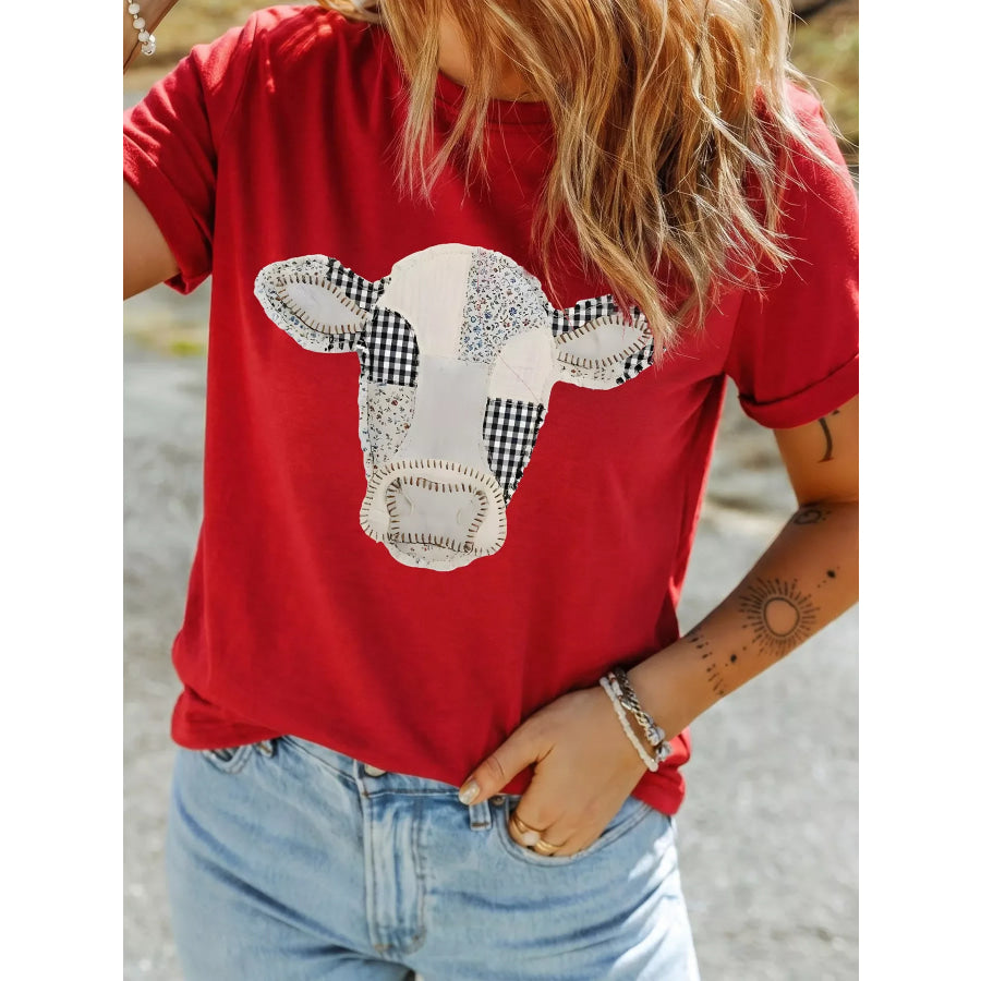 Western Patchwork Cow Print Round Neck Casual T Shirt Apparel and Accessories
