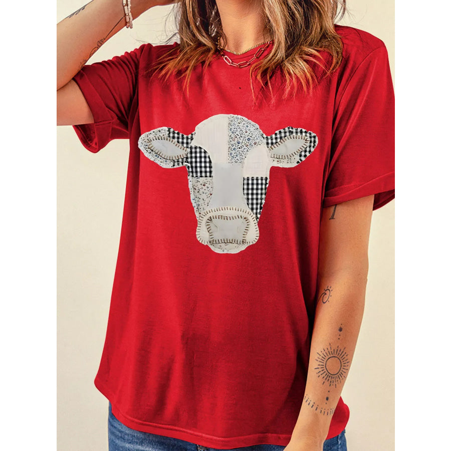 Western Patchwork Cow Print Round Neck Casual T Shirt Deep Red / S Apparel and Accessories