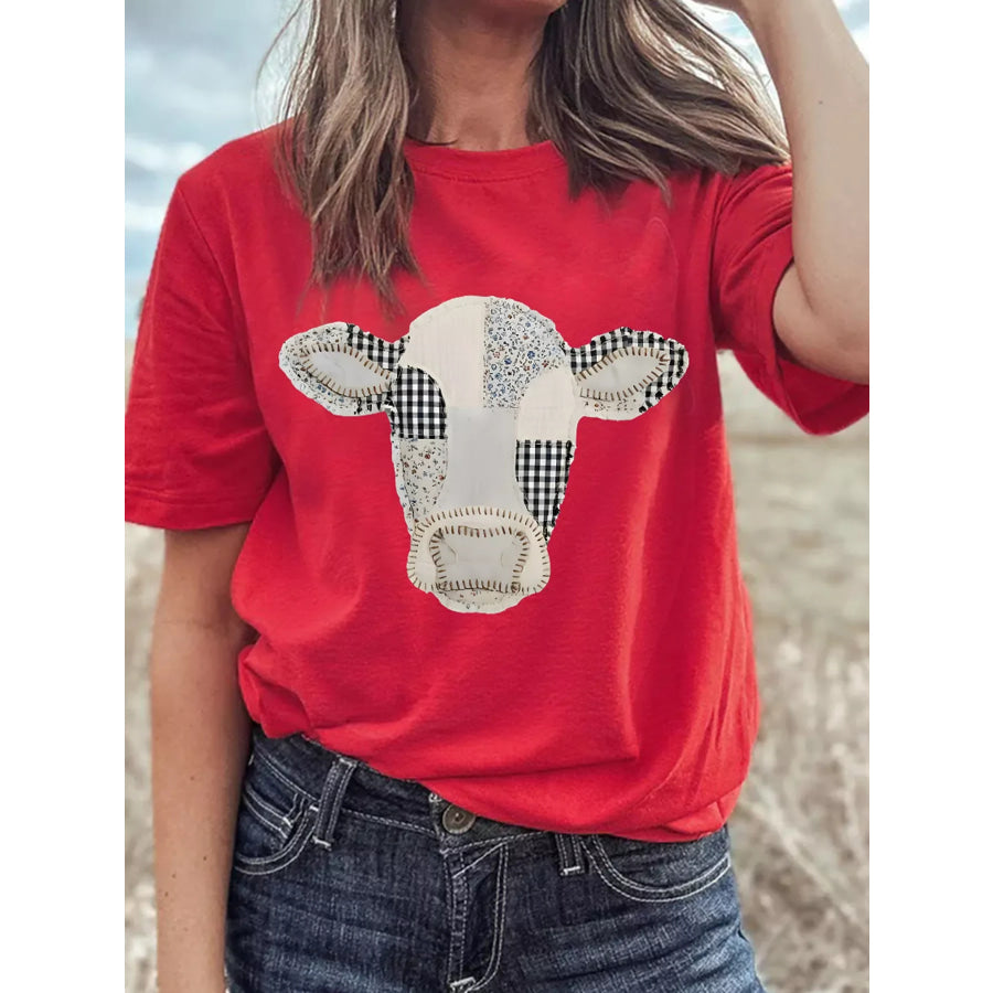 Western Patchwork Cow Print Round Neck Casual T Shirt Deep Red / S Apparel and Accessories