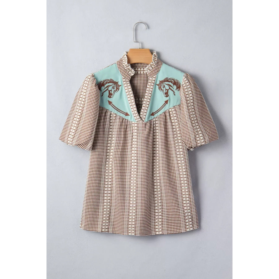 Western Pony Embroidered Yoke Puff Sleeve Gingham Blouse Apparel and Accessories