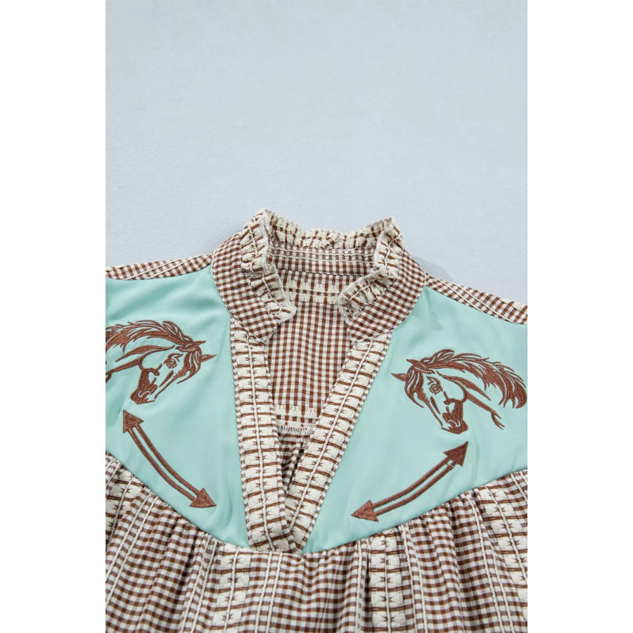 Western Pony Embroidered Yoke Puff Sleeve Gingham Blouse Apparel and Accessories