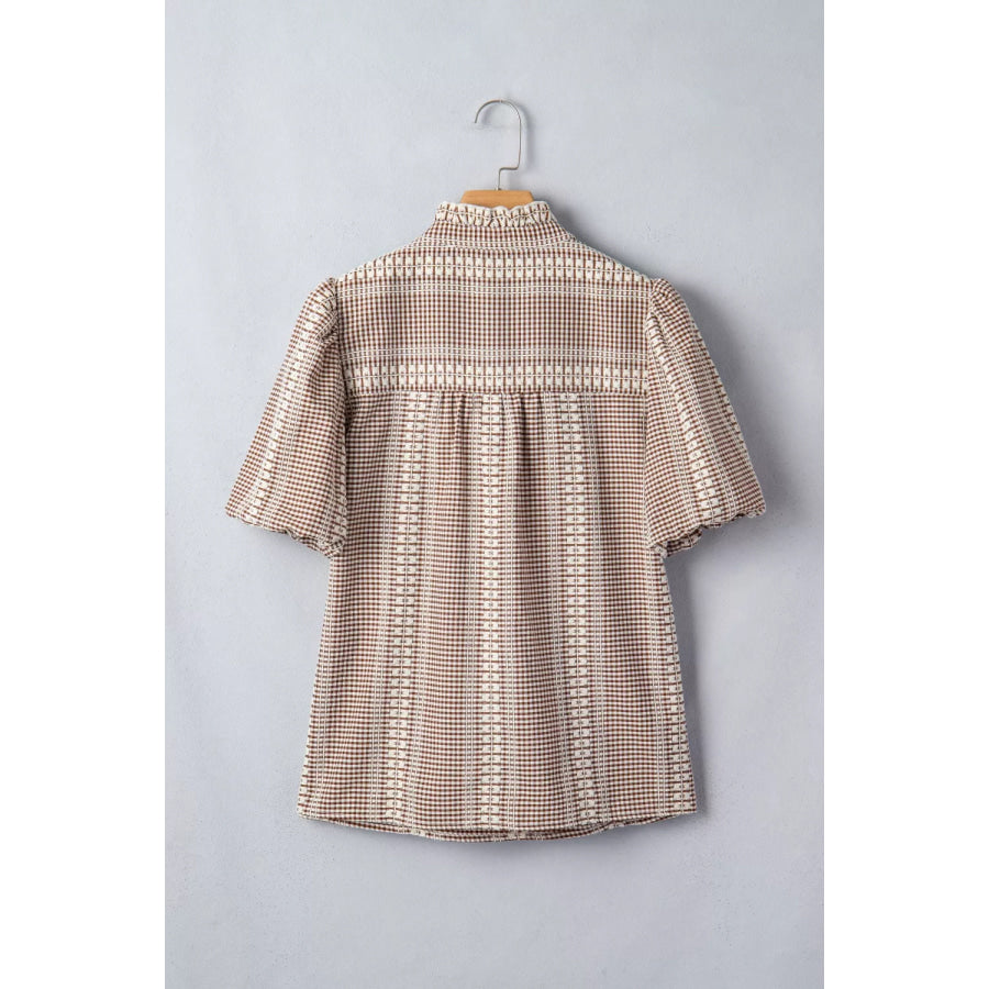 Western Pony Embroidered Yoke Puff Sleeve Gingham Blouse Apparel and Accessories