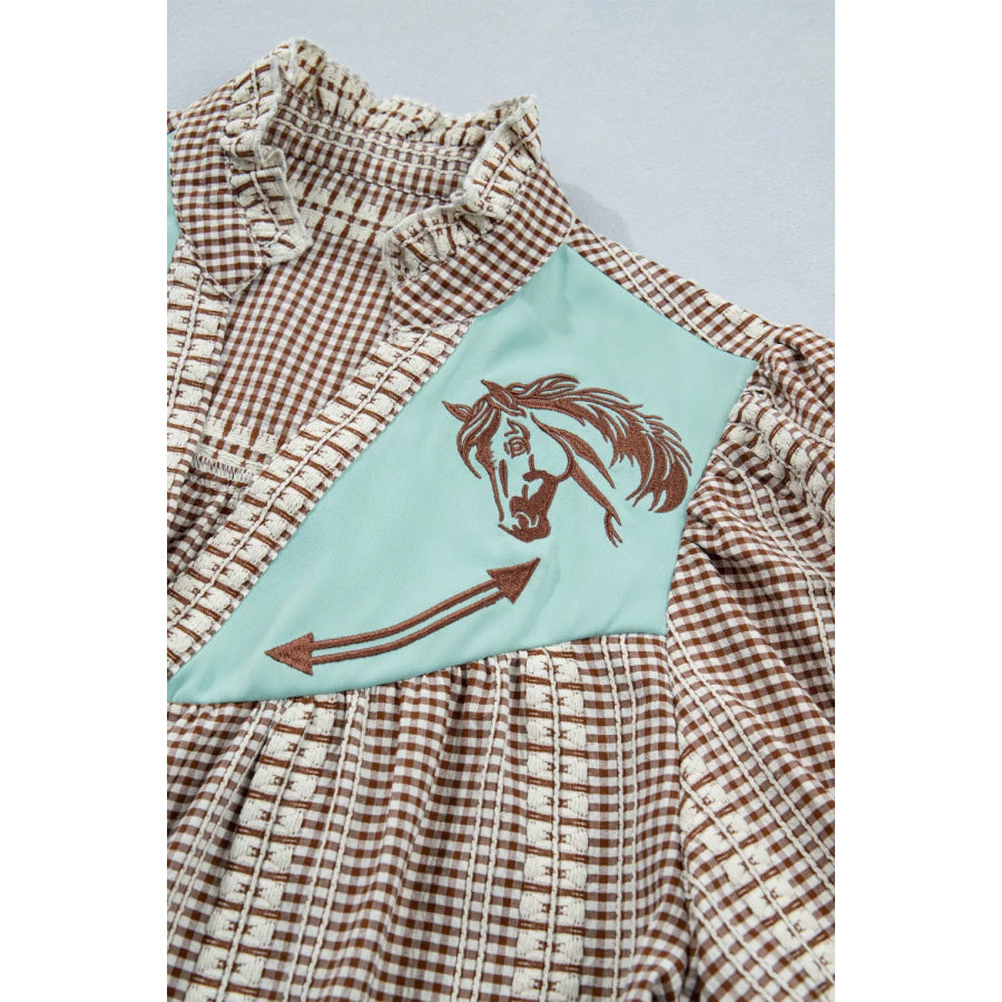 Western Pony Embroidered Yoke Puff Sleeve Gingham Blouse Apparel and Accessories