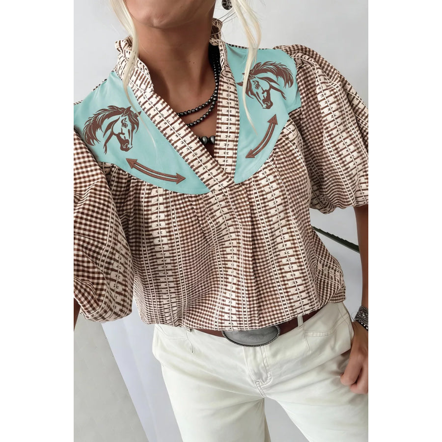 Western Pony Embroidered Yoke Puff Sleeve Gingham Blouse Taupe / S Apparel and Accessories