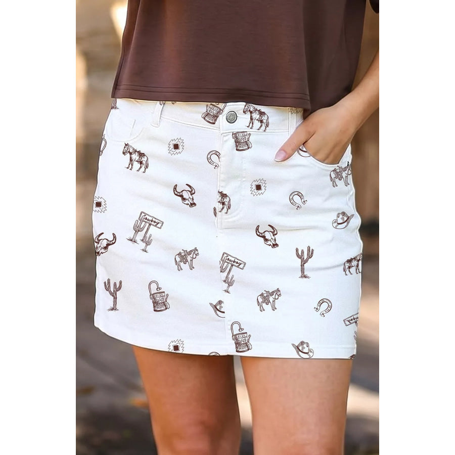 Western Print Cactus Horse Bull Denim Skirt Apparel and Accessories