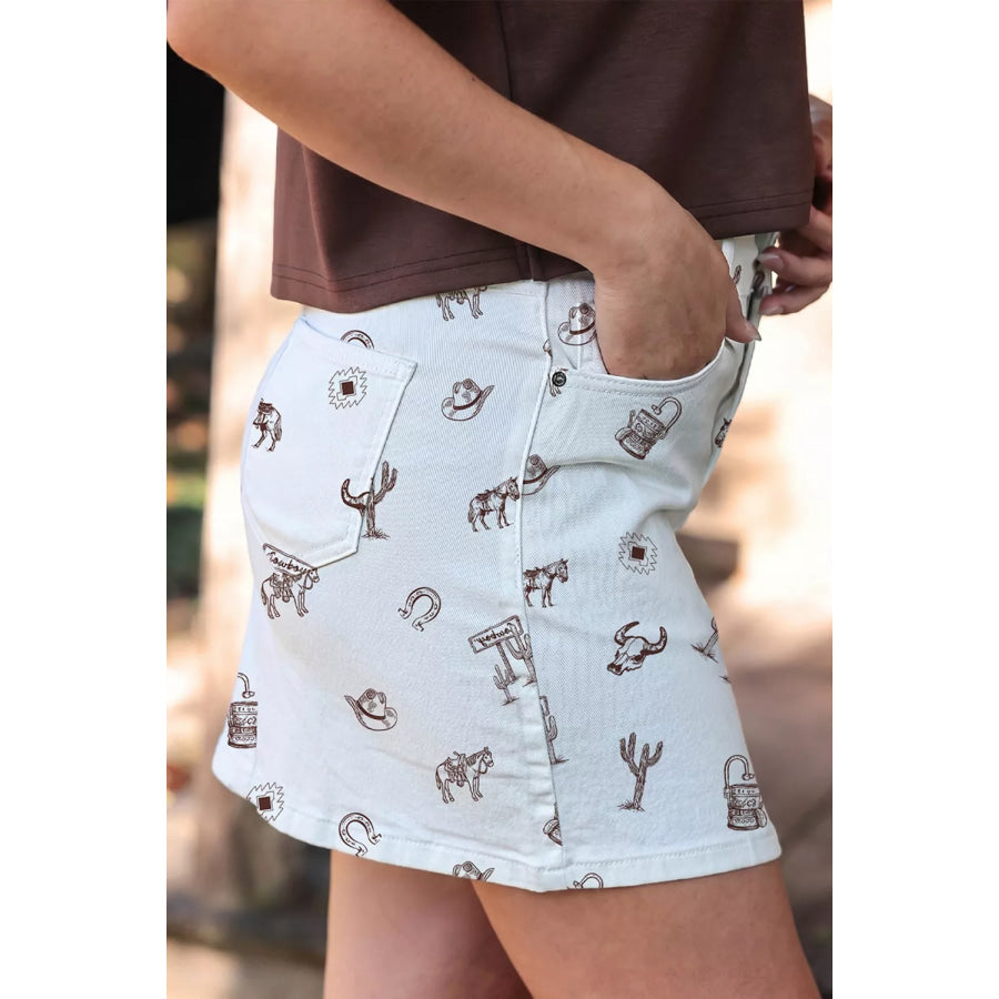 Western Print Cactus Horse Bull Denim Skirt Apparel and Accessories