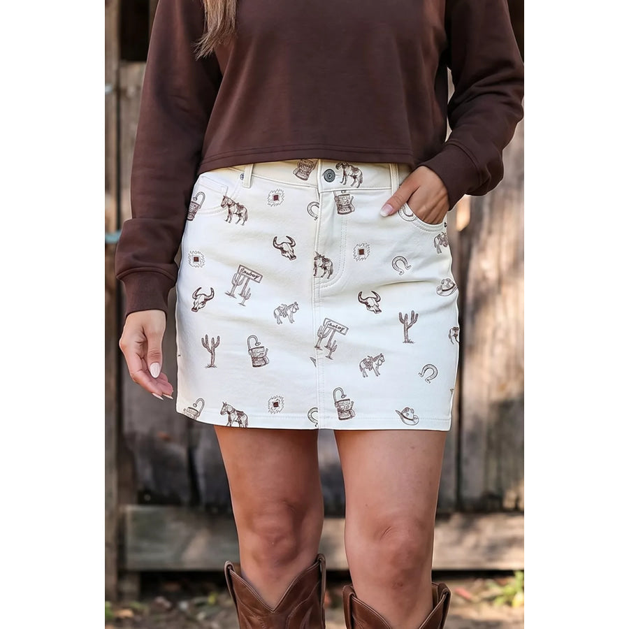 Western Print Cactus Horse Bull Denim Skirt White / S Apparel and Accessories