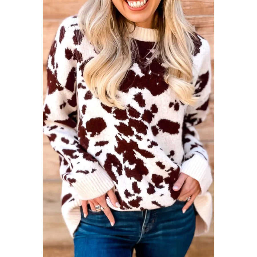 Western Print Cow Pattern Long Sleeve Round Neck Pullover Knitwear Sweater Apparel and Accessories