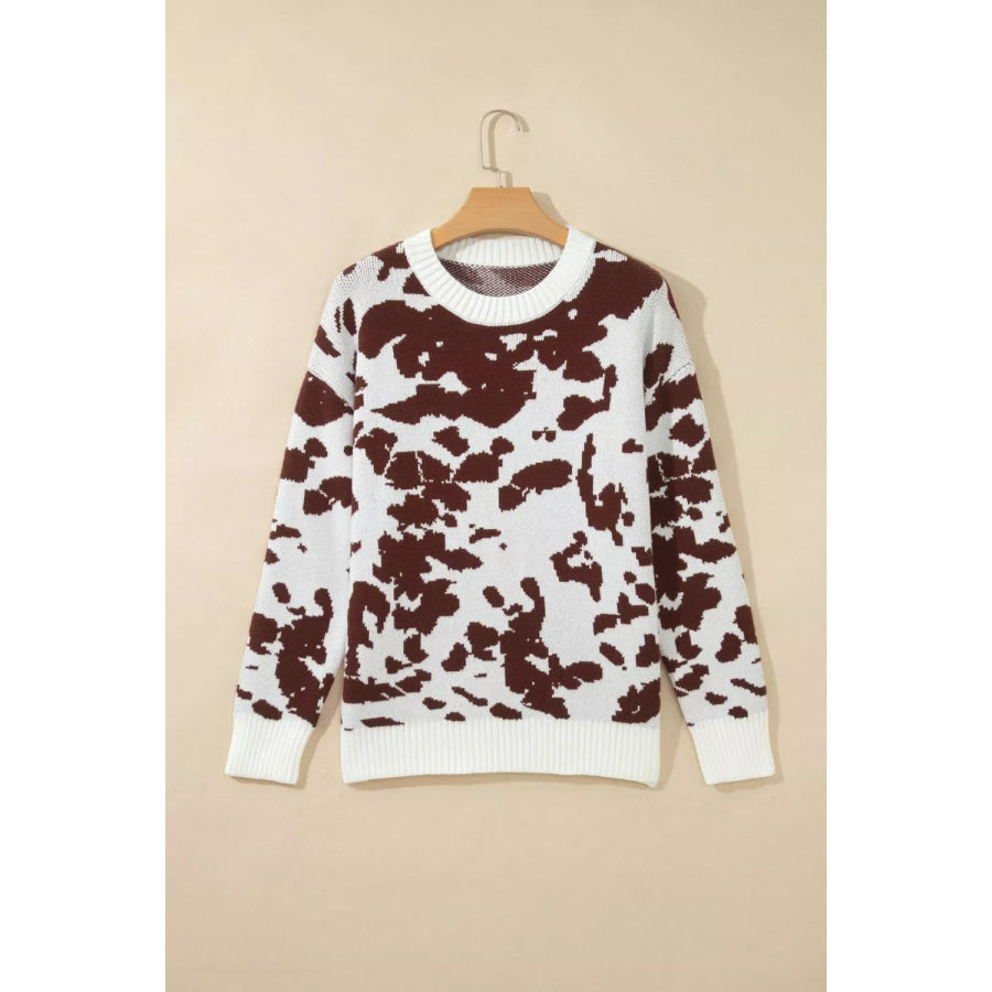 Western Print Cow Pattern Long Sleeve Round Neck Pullover Knitwear Sweater Apparel and Accessories