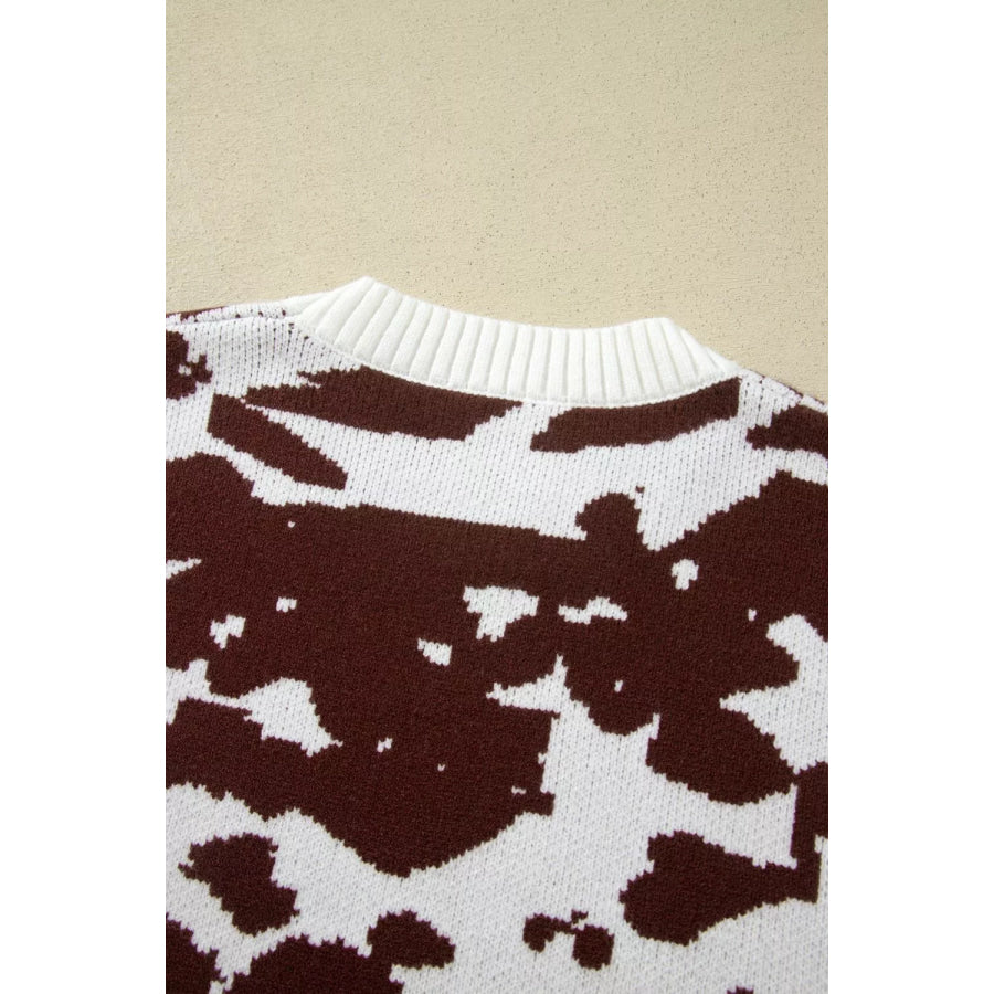 Western Print Cow Pattern Long Sleeve Round Neck Pullover Knitwear Sweater Apparel and Accessories