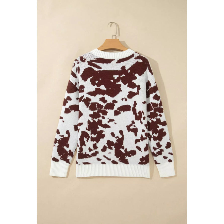 Western Print Cow Pattern Long Sleeve Round Neck Pullover Knitwear Sweater Apparel and Accessories