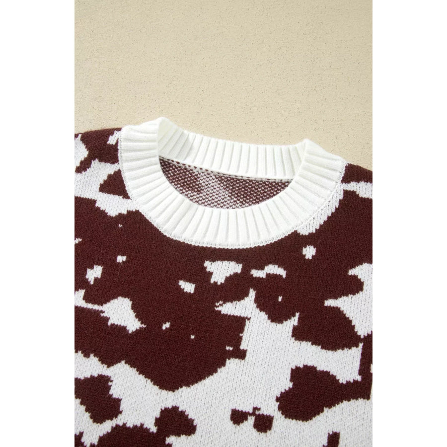 Western Print Cow Pattern Long Sleeve Round Neck Pullover Knitwear Sweater Apparel and Accessories