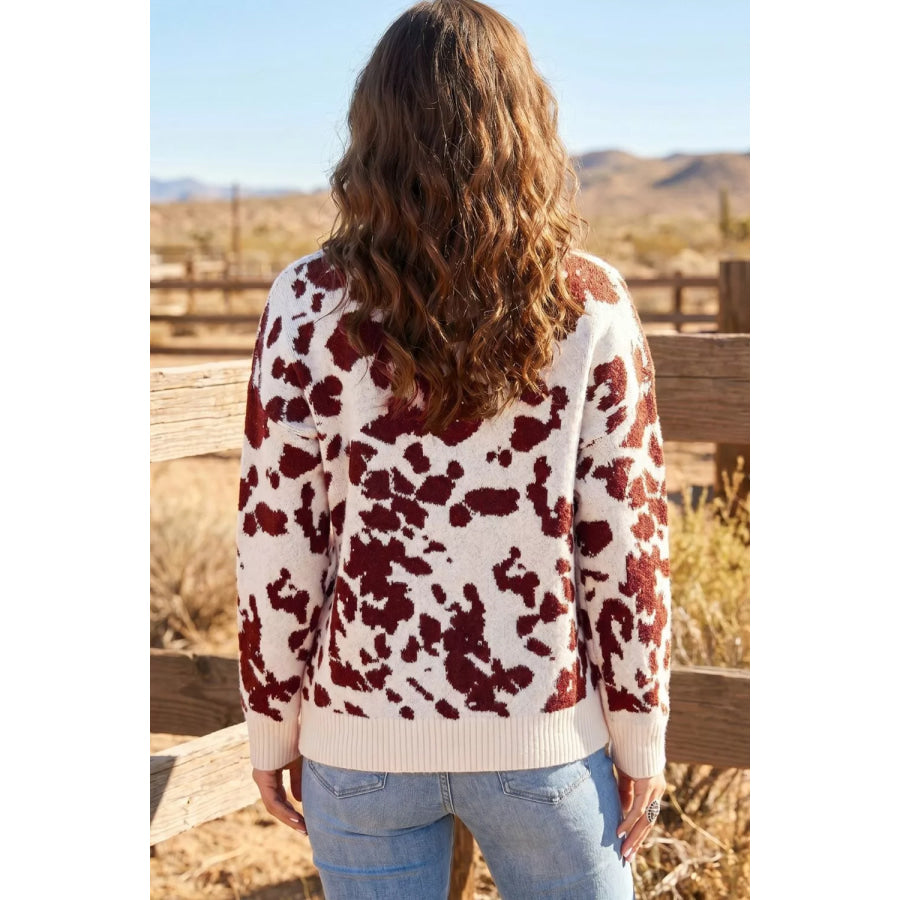 Western Print Cow Pattern Long Sleeve Round Neck Pullover Knitwear Sweater Apparel and Accessories