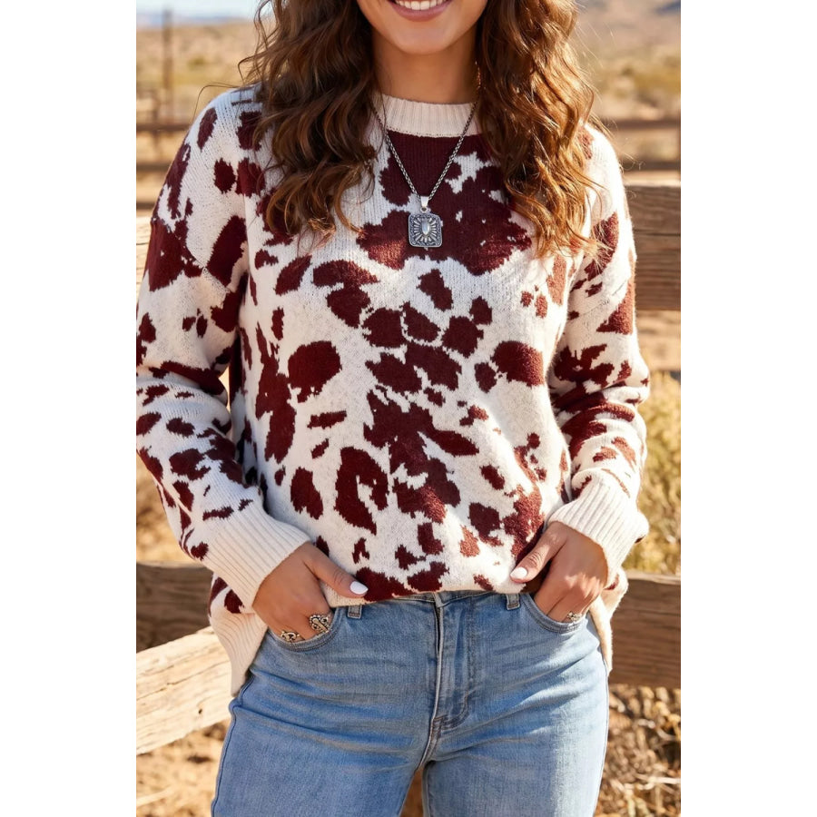 Western Print Cow Pattern Long Sleeve Round Neck Pullover Knitwear Sweater Dark Brown / S Apparel and Accessories