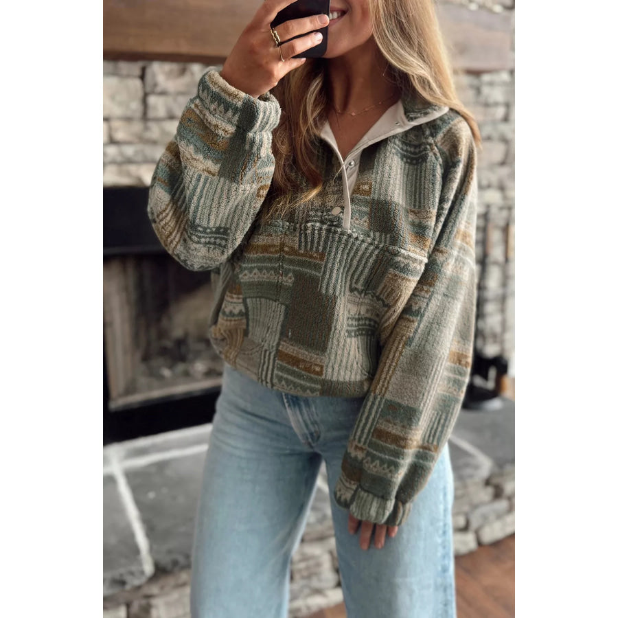 Western Print Fleece Long Sleeve Casual Fit Sweatshirt Moss / S Apparel and Accessories