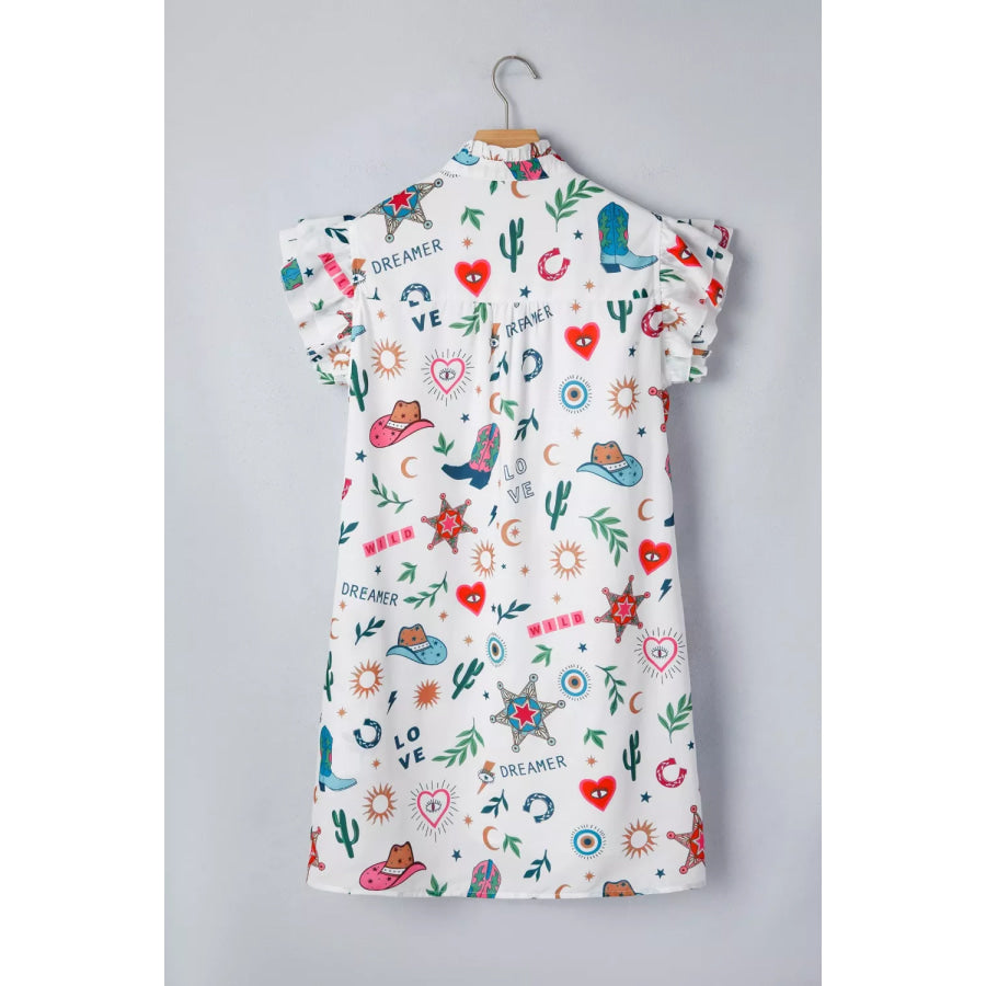 Western Print Flutter Sleeve Button Down Mini Dress Apparel and Accessories