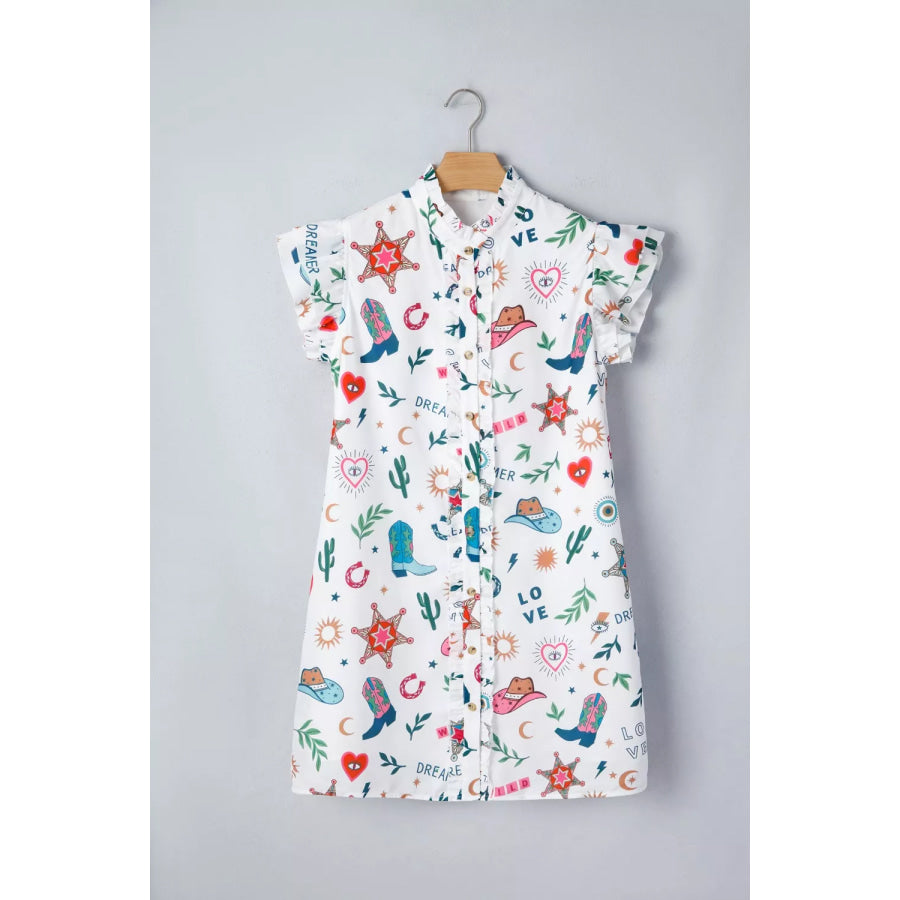 Western Print Flutter Sleeve Button Down Mini Dress Apparel and Accessories