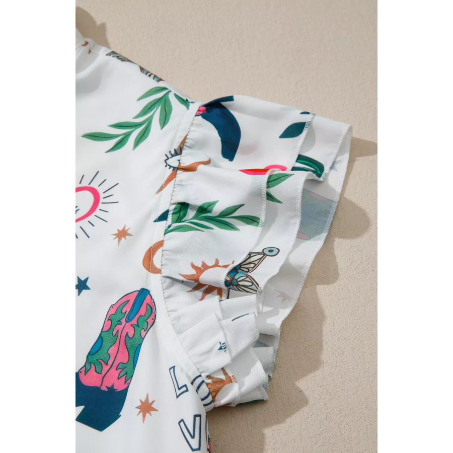 Western Print Flutter Sleeve Button Down Mini Dress Apparel and Accessories