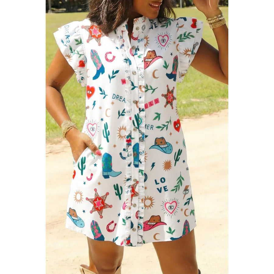 Western Print Flutter Sleeve Button Down Mini Dress White / S Apparel and Accessories