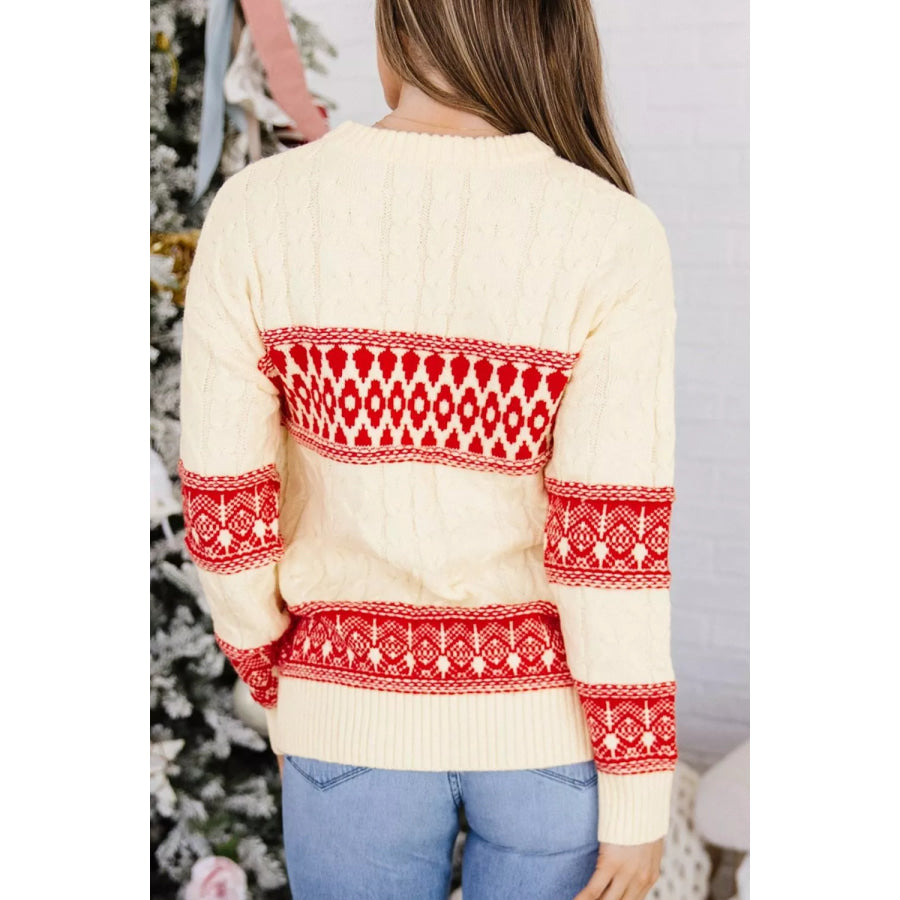 Western Print Round Neck Long Sleeve Shift Sweater Apparel and Accessories