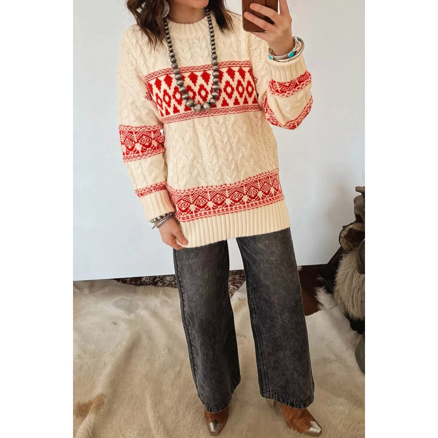 Western Print Round Neck Long Sleeve Shift Sweater Apparel and Accessories
