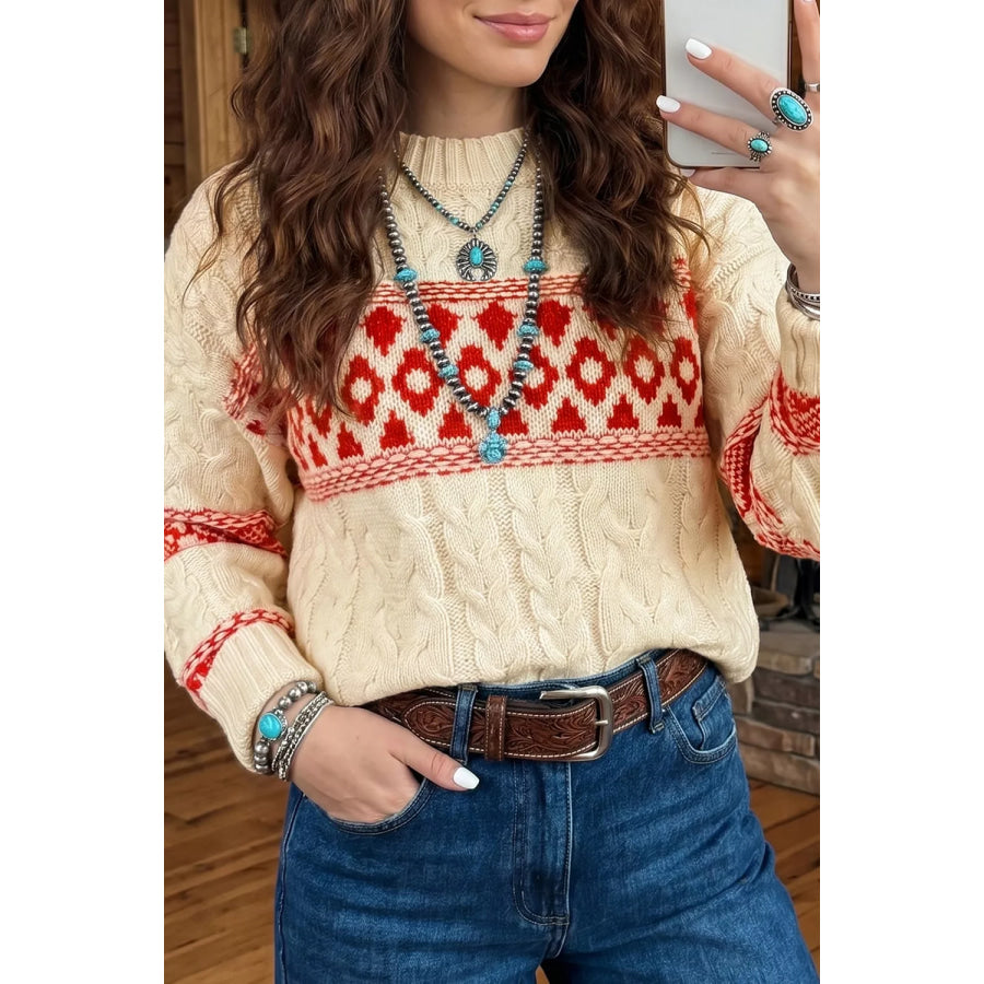 Western Print Round Neck Long Sleeve Shift Sweater Apparel and Accessories