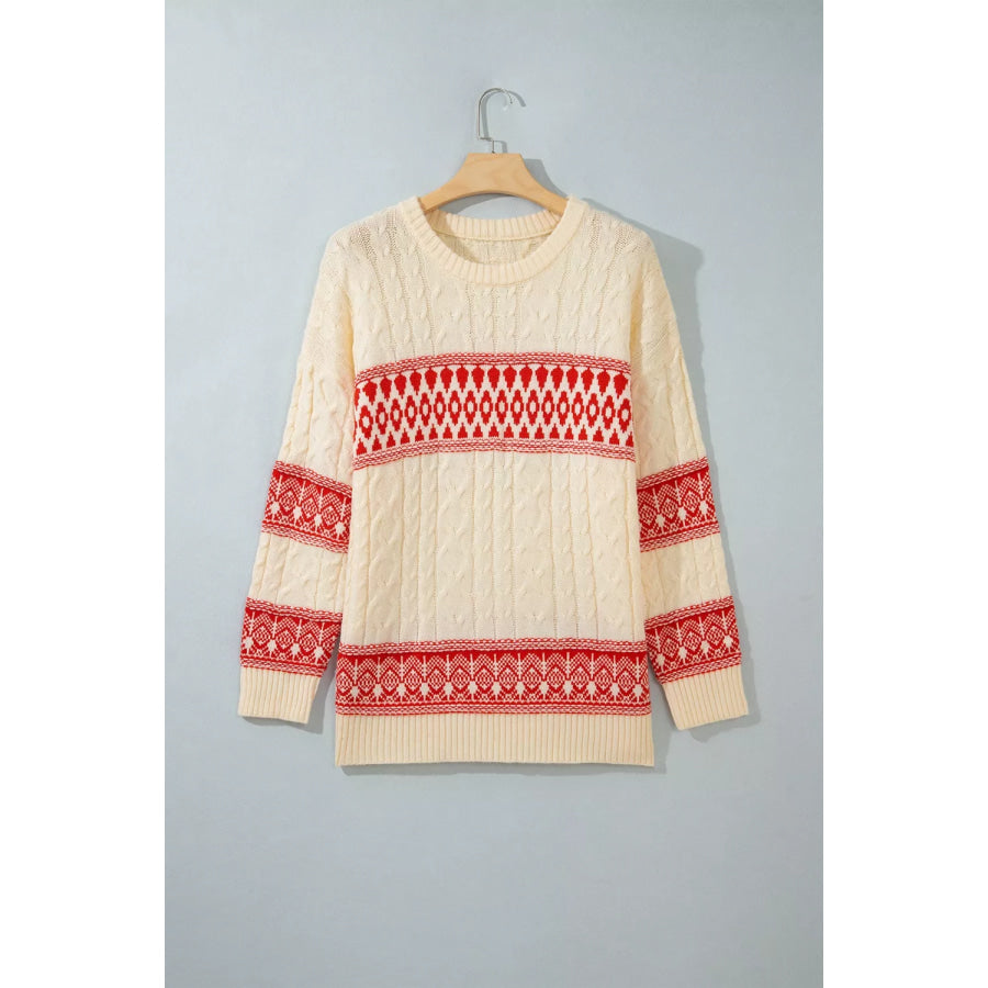 Western Print Round Neck Long Sleeve Shift Sweater Apparel and Accessories
