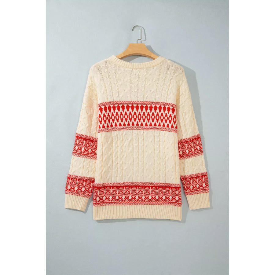 Western Print Round Neck Long Sleeve Shift Sweater Apparel and Accessories