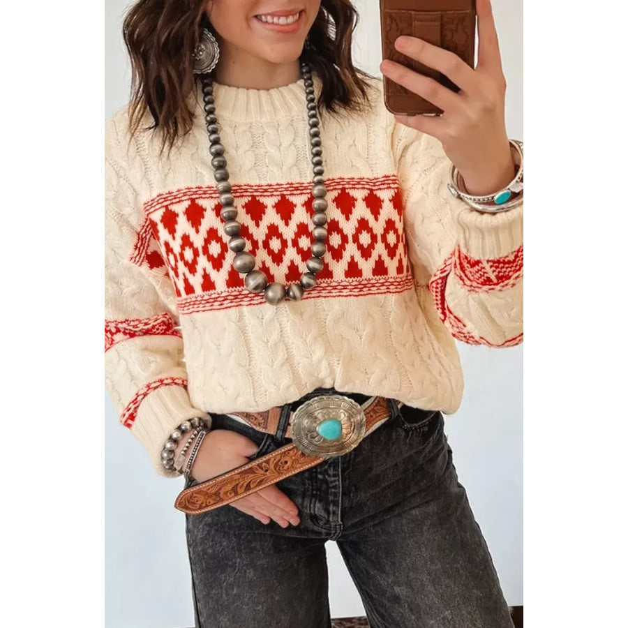 Western Print Round Neck Long Sleeve Shift Sweater Deep Red / S Apparel and Accessories