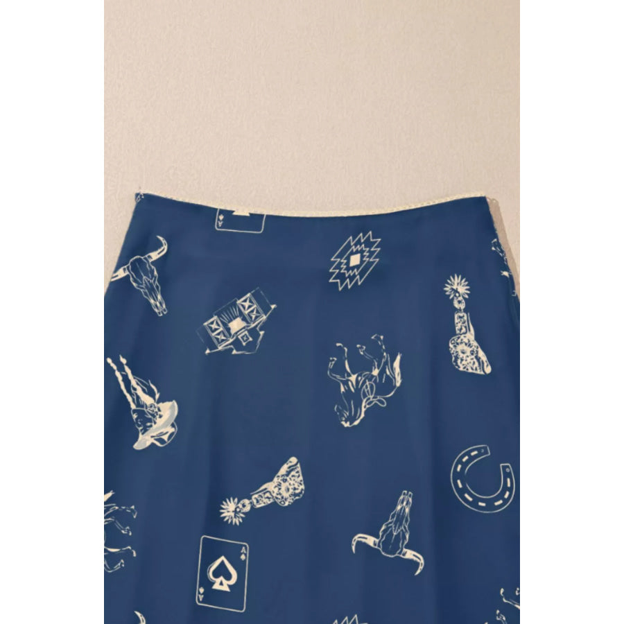 Western Print Satin Maxi Skirt Apparel and Accessories