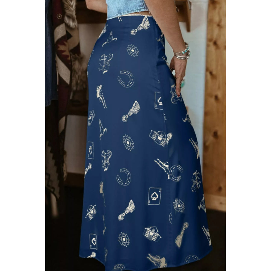 Western Print Satin Maxi Skirt Navy / S Apparel and Accessories