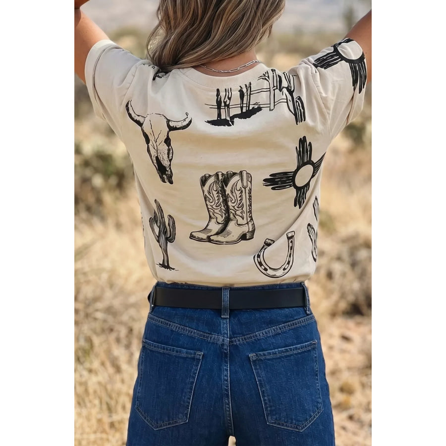 Western Print Short Sleeve T Shirt Apparel and Accessories