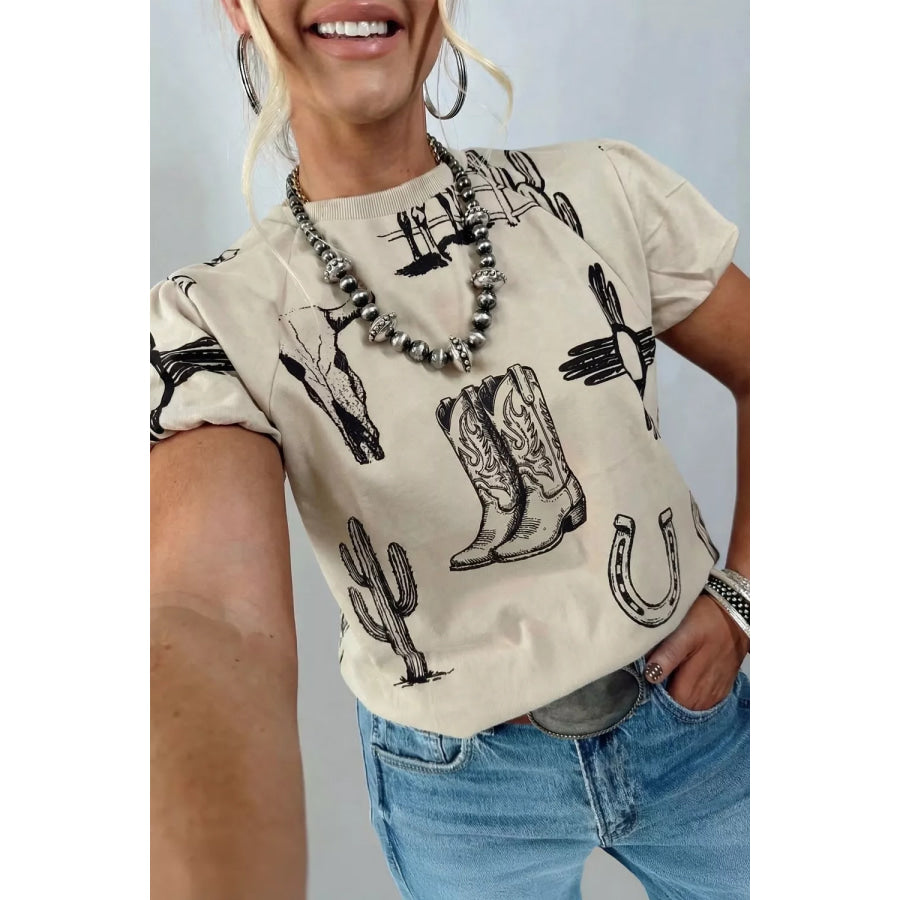 Western Print Short Sleeve T Shirt Apparel and Accessories