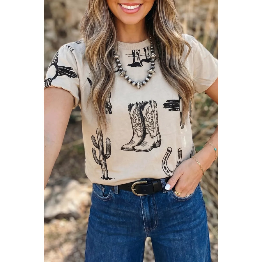 Western Print Short Sleeve T Shirt Khaki / S Apparel and Accessories