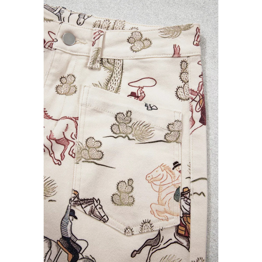 Western Print Straight Leg Ankle-Length Pocket Jeans Apparel and Accessories