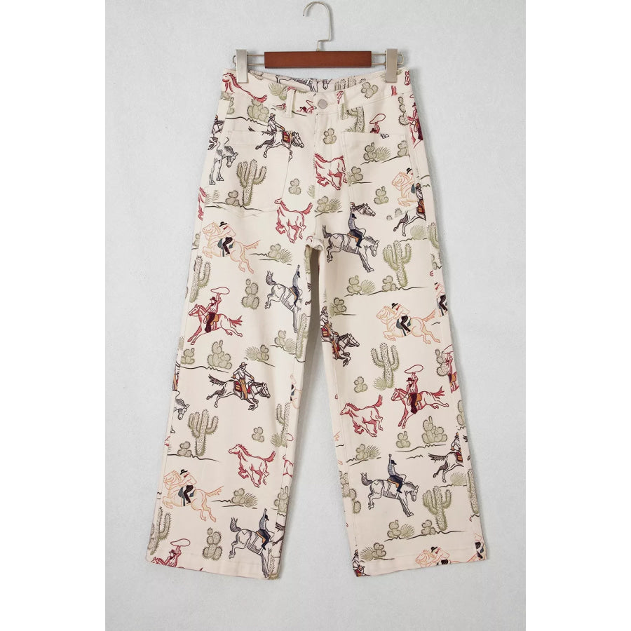 Western Print Straight Leg Ankle-Length Pocket Jeans Apparel and Accessories