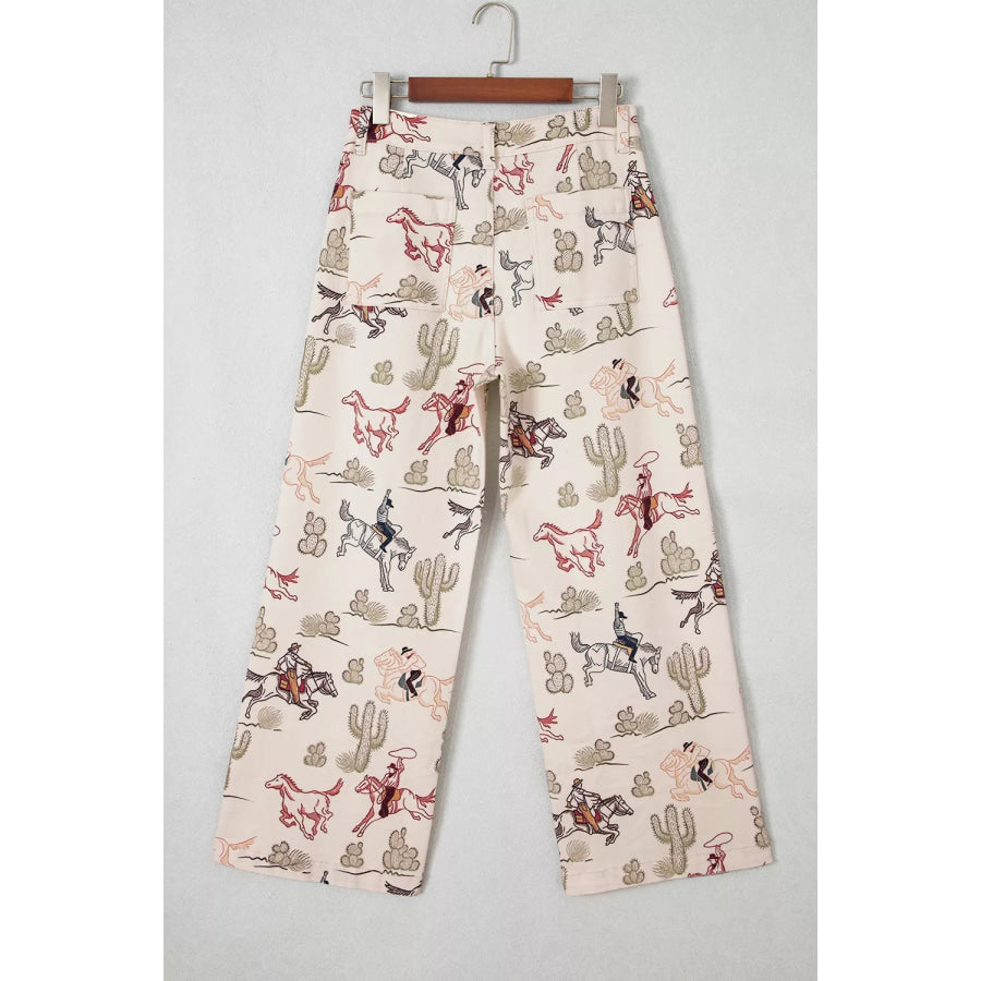 Western Print Straight Leg Ankle-Length Pocket Jeans Apparel and Accessories
