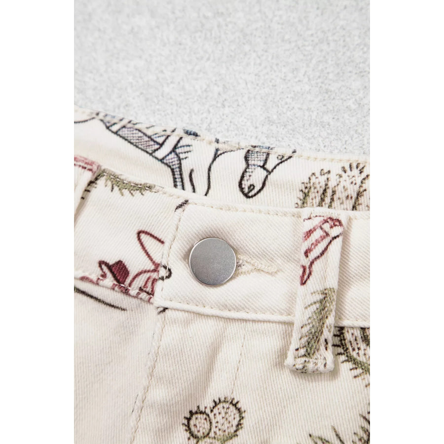 Western Print Straight Leg Ankle-Length Pocket Jeans Apparel and Accessories