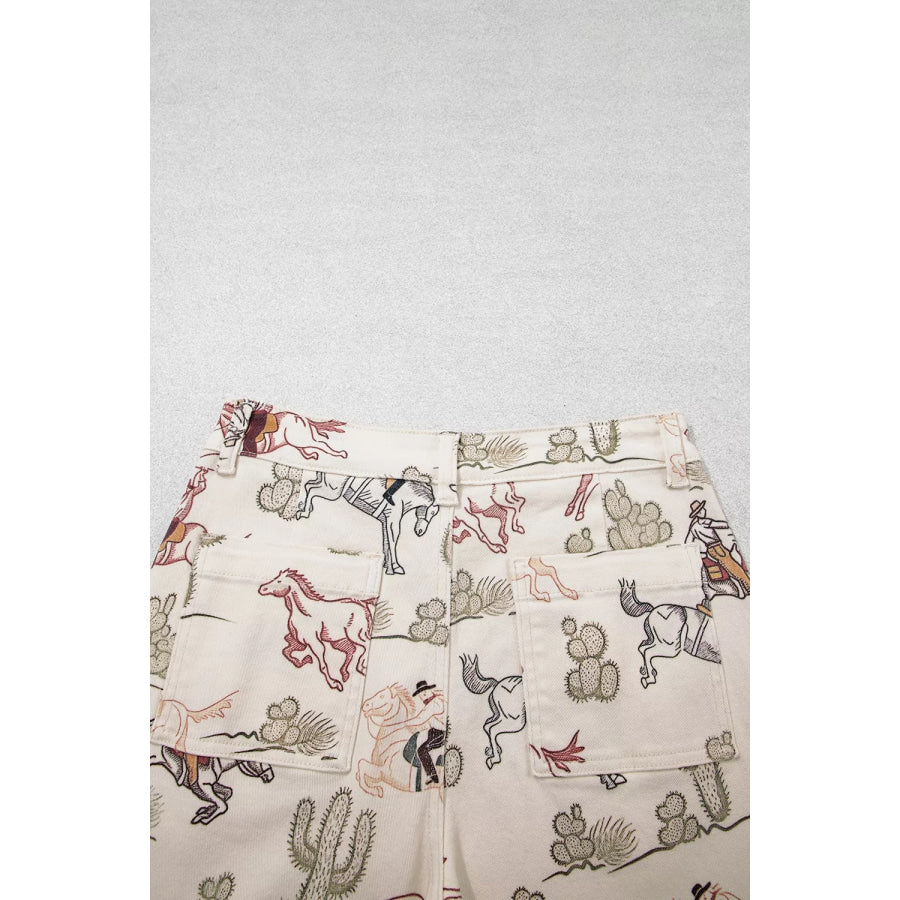 Western Print Straight Leg Ankle-Length Pocket Jeans Apparel and Accessories