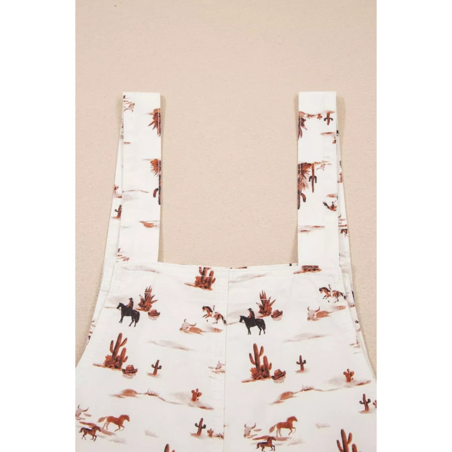Western Printed Button Adjustable Straps Loose Jumpsuit Apparel and Accessories