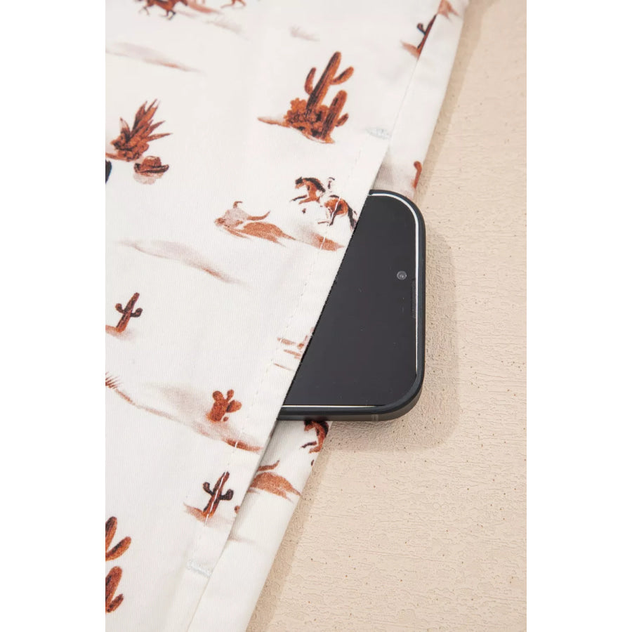 Western Printed Button Adjustable Straps Loose Jumpsuit Apparel and Accessories
