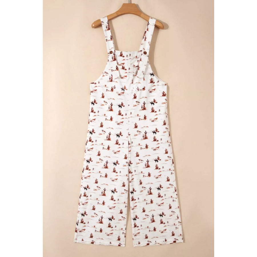 Western Printed Button Adjustable Straps Loose Jumpsuit Apparel and Accessories