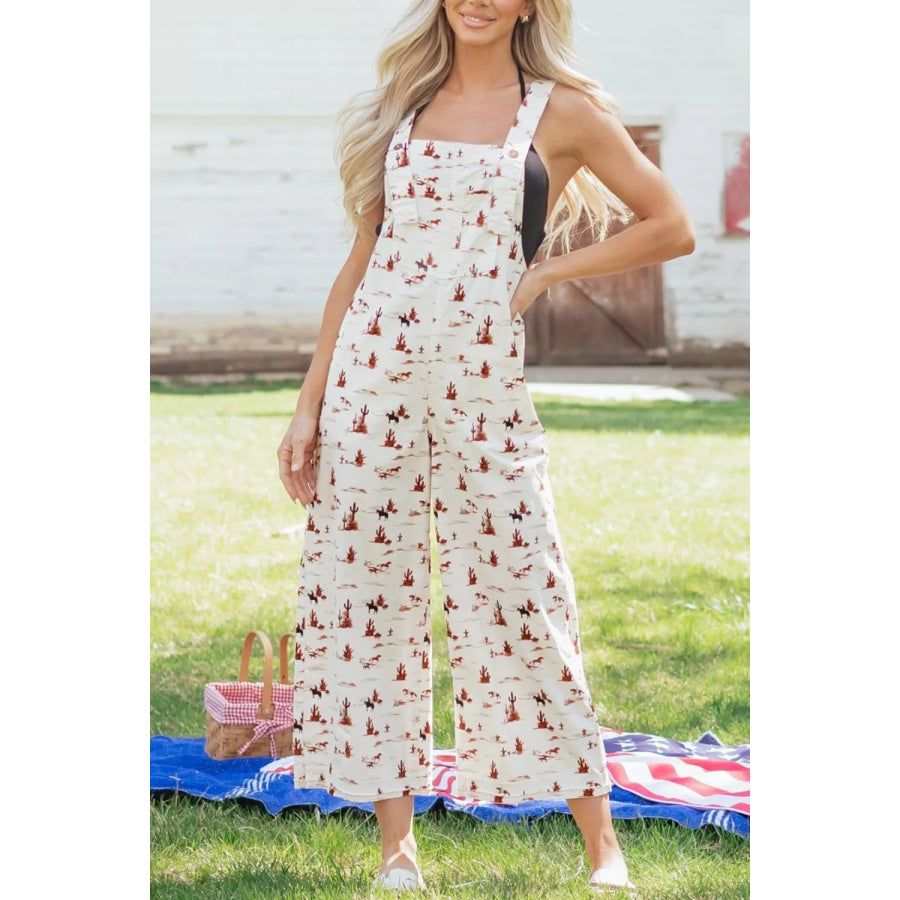 Western Printed Button Adjustable Straps Loose Jumpsuit Apparel and Accessories