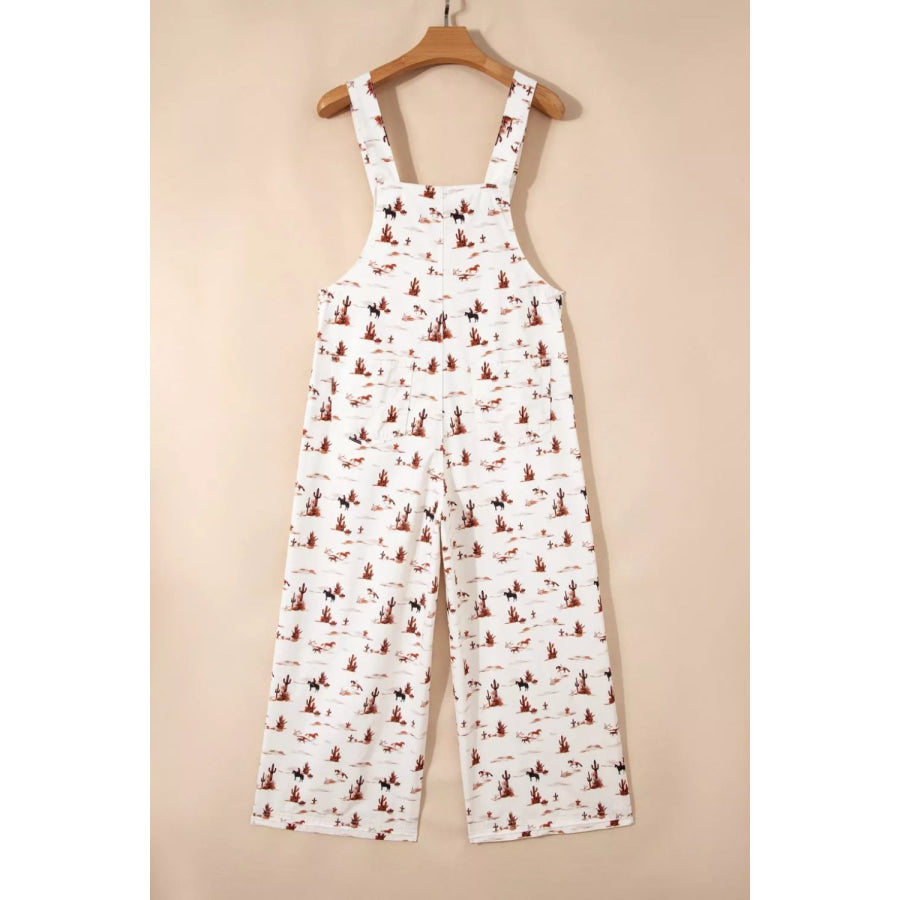 Western Printed Button Adjustable Straps Loose Jumpsuit Apparel and Accessories